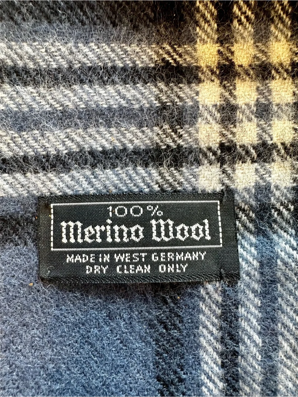 Vintage 100% Merino Wool Plaid Scarf West Germany Blue Red